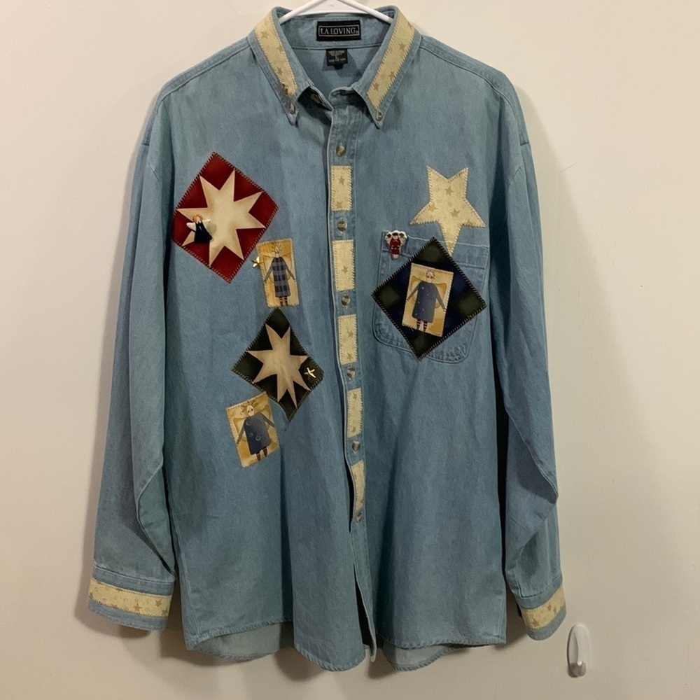 LA Loving soft jean jacket covered with early American patchwork designs Sz Lg